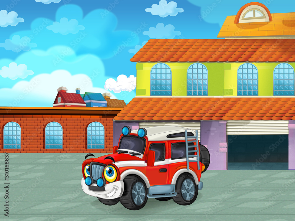 Fototapeta premium cartoon scene with car vehicle on the road near the garage or repair station - illustration for children