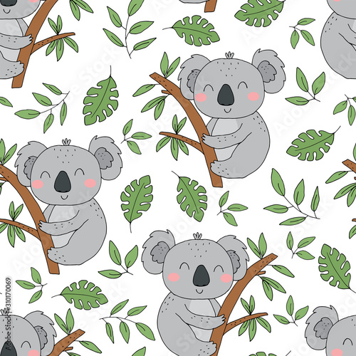Seamless pattern. Cute character - sleeping animal baby Koala bear. Vector print for baby shower.