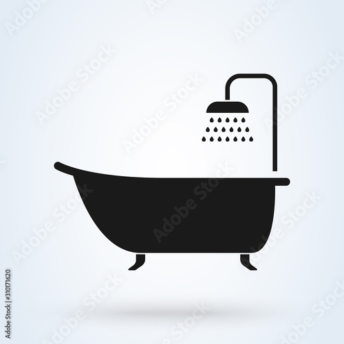 Bathtub with shower. vector modern icon design illustration.