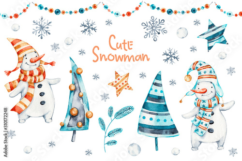 Watercolor merry christmas hand painted set of nursery character snowmans illustration. Handpainted Winter holidays cartoon isolated cute funny snowman design card. Snow holiday season xmas