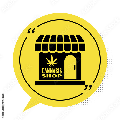Black Marijuana and cannabis store icon isolated on white background. Equipment and accessories for smoking, storing medical cannabis. Yellow speech bubble symbol. Vector Illustration