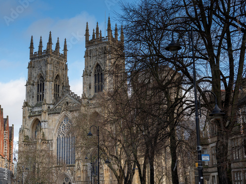 View of two towers of York Minster seen from Duncombe Place in York, England photo