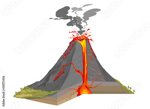 Volcano igneous eruption in the cross section. Education scientific scheme for posters, placards, pages, banners, vector illustration.