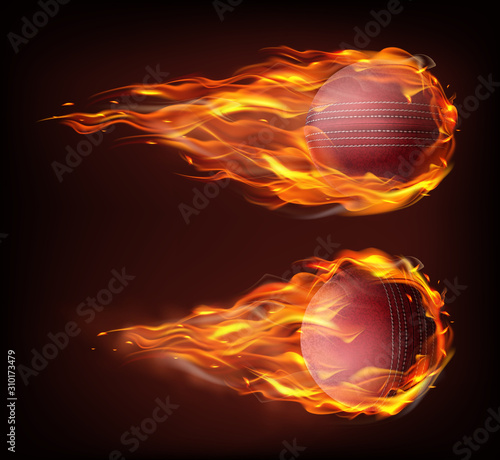 Flying cricket ball in fire isolated on black background. Vector realistic stitched leather ball in flame. Template for poster, banner for the match of sport tournament