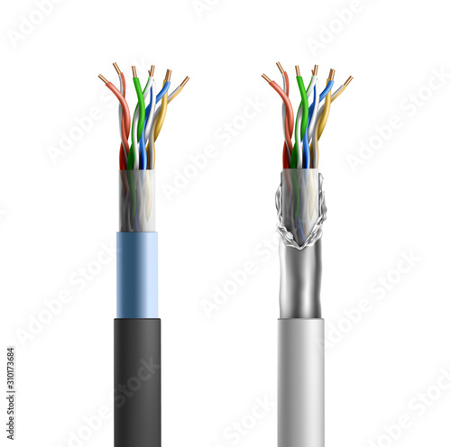 Electric shielded cable with plastic and foil braid and crossed cooper wires. Vector set of realistic twisted fiber optic pair cable with insulation isolated on white background