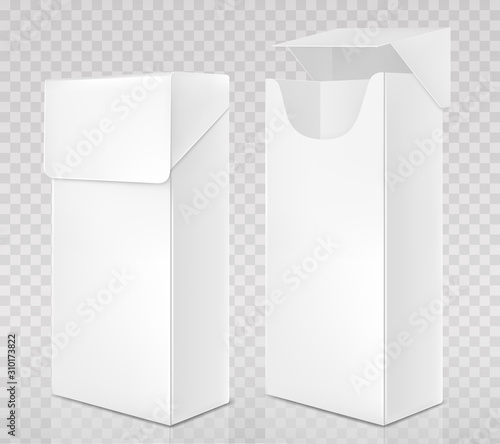 Empty open and closed pack of cigarettes. Vector realistic mockup of white paper package box for tobacco products isolated on transparent background