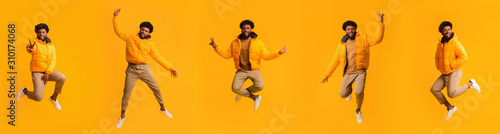Collage of jumping winter black guy over orange background