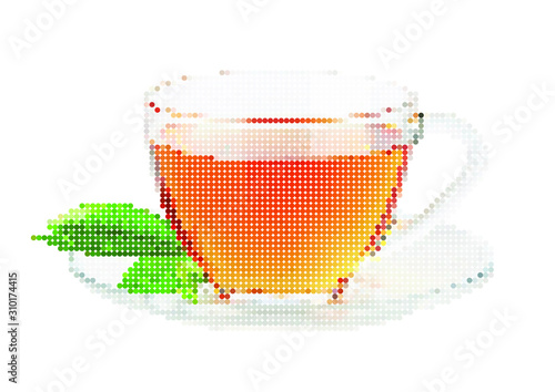 Cup with tea and green leaf. Vector dots illustration
