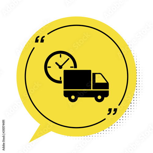 Black Logistics delivery truck and clock icon isolated on white background. Delivery time icon. Yellow speech bubble symbol. Vector Illustration