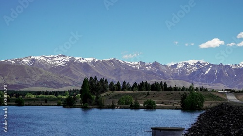 Glacier Lake View with background of snowy Mount Cook on a sunny day