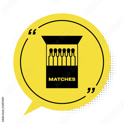 Black Open matchbox and matches icon isolated on white background. Yellow speech bubble symbol. Vector Illustration