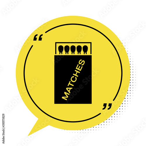 Black Open matchbox and matches icon isolated on white background. Yellow speech bubble symbol. Vector Illustration