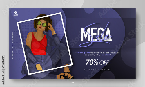 Mega Sale banner design with 70% discount offer and modern woman character on blue abstract background.
