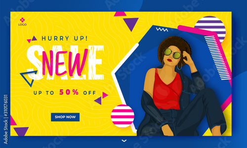 New Sale banner design with 50% discount offer and fashionable woman character on abstract background.