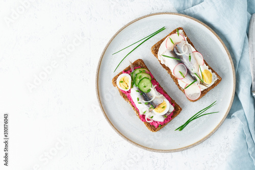 Savory smorrebrod, two traditional Danish sandwiches. Black rye bread with anchovy, beetroot, radish, eggs, cream cheese on grey plate on a white stone table, top view, copy space