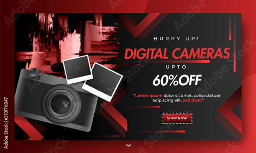 Red and black layout banner or horizontal template design with 60% discount offer for Digital Cameras.