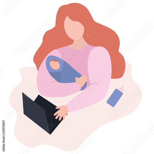 Vector illustration. Woman or girl is working on computer or laptop with child in her arms.