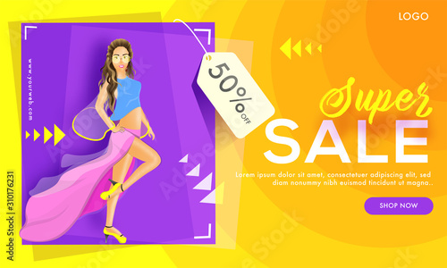 Super Sale banner design with 50% discount offer and modern young girl on abstract background.