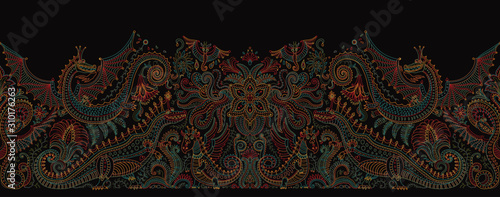 Vector seamless pattern with dragon print on a black background. Fern leaves and fantasy beast animals, ornate cute dinosaur border, Paisley elements from dark colorful hand drawn flowers