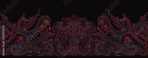 Vector seamless pattern with dragon print on a black background. Fern leaves and fantasy beast animals, ornate cute dinosaur border, Paisley elements from dark colorful hand drawn flowers