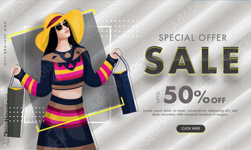 Advertising Sale banner design with 50% discount offer and fashionable woman holding shopping bag on grey striped background for Special Offer.