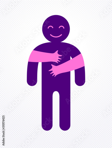 Beloved man with care hands of a lover woman hugging and caresses his chest, vector icon logo or illustration in simplistic symbolic style.