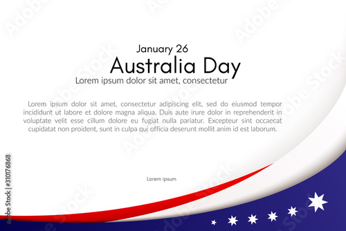 Happy Australia Day card brochure poster Australia national flag theme red white curved lines and stars on a blue background Patriotic design template cards for Australia Day and other holidays Vector