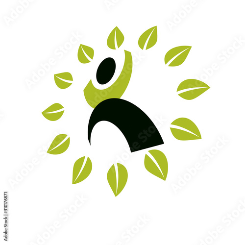 Vector illustration of excited abstract  man with raised reaching up. Go green idea creative logo. Healthy lifestyle metaphor. Environmental conservation theme symbol.