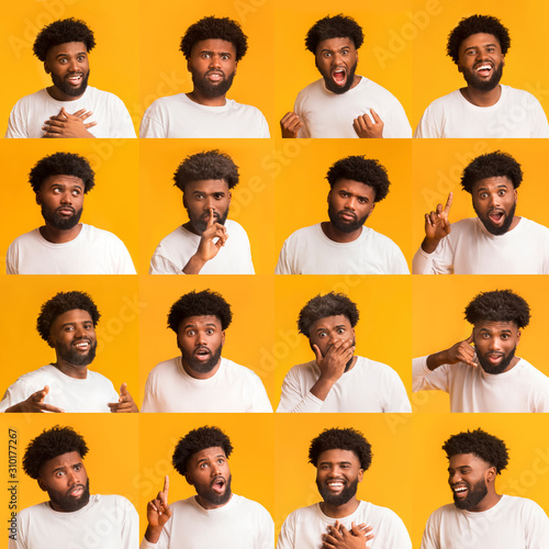 Collage of young black man expressions and emotions photo
