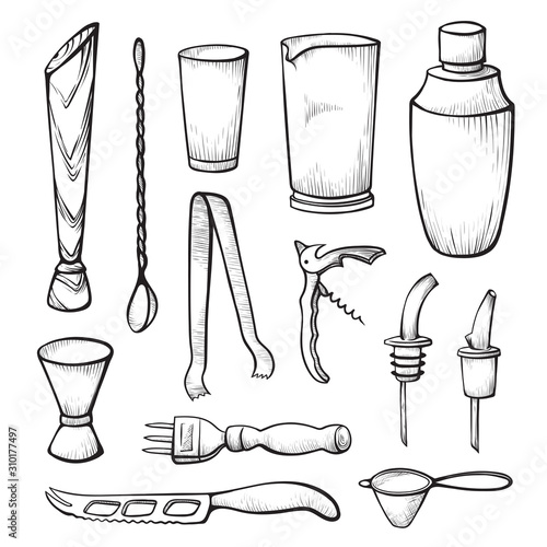 Bar equipment sketch black and white illustrations set