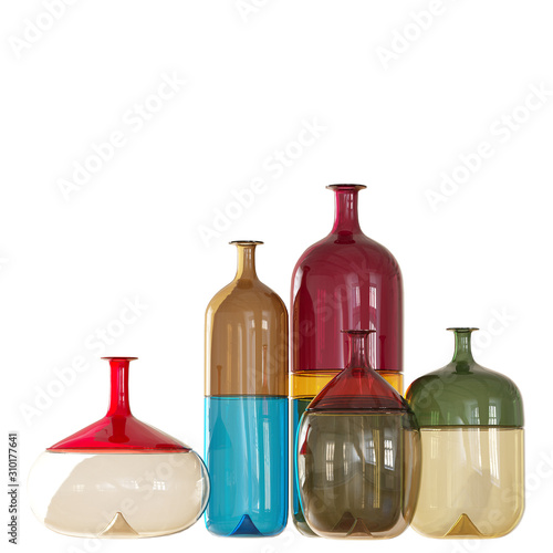 Decorative multicolored bottles against an isolated background. 3d rendering