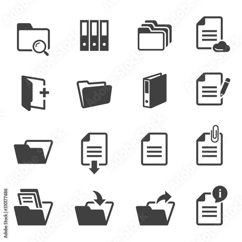 Documents and folders black and white glyph icons set.