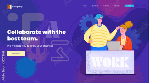 Landing page design with man discuss from woman working in laptop on purple abstract background for Collaborate with the best team.