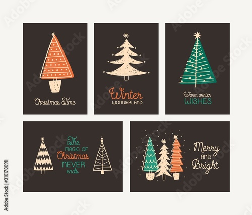 Winter holidays vector greeting card templates set. Christmas wishes lettering on black background. Cute fir trees doodles. Hand drawn decorated spruces. Minimalist wintertime postcards collection.