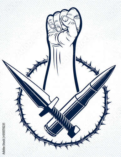 Revolution and Riot aggressive emblem or logo with strong clenched fist, vector tattoo, anarchy and chaos, rebel partisan and revolutionary.