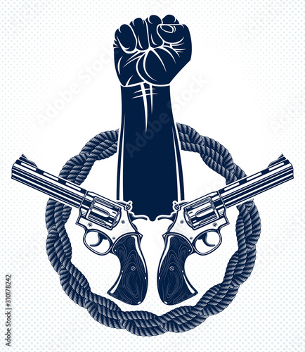 Anarchy and Chaos aggressive emblem or logo with strong clenched fist, vector vintage style tattoo, rebel rioter partisan and revolutionary.