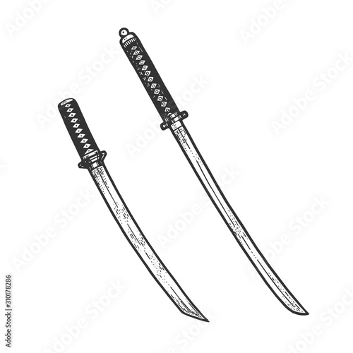 Japanese sword Katana and Wakizashi sketch engraving vector illustration. T-shirt apparel print design. Scratch board style imitation. Hand drawn image.