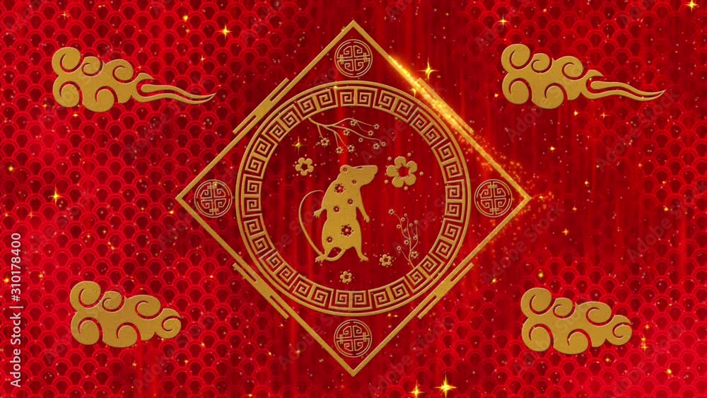 Lunar New Year, Spring Festival background with golden rat, sakura, glittering silk dragon pattern. Chinese new year red paper backdrop for holiday event. 3D rendering animation. Seamless loop 4k Lunar New Year, Spring Festival background with golden rat, sakura, glittering silk dragon pattern. Chinese new year red paper backdrop for holiday event. 3D rendering animation. Seamless loop 4k
