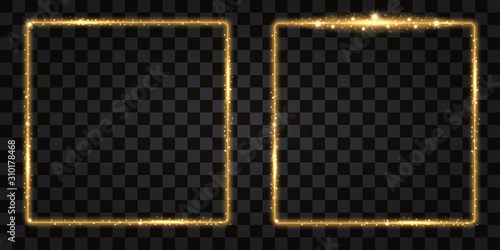 Gold square frame. Golden glow glittering effect, neon shine, light particles and star dust. Design element, border. Isolated on dark transparent background. Vector illustration