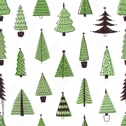 Christmas trees hand drawn vector seamless pattern