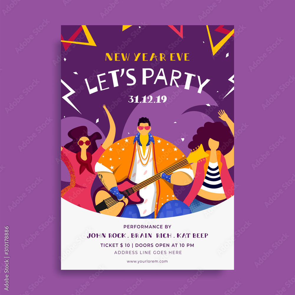 New Year EVE Party Flyer Design with Guy Playing Guitar and Female Dancing on Purple Abstract Background.