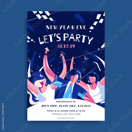 New Year EVE Party Flyer Design with People Celebrating with Drinks on Abstract Blue and White Background.