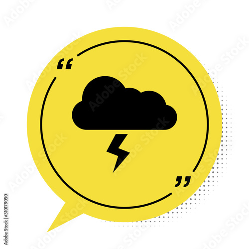 Black Storm icon isolated on white background. Cloud and lightning sign. Weather icon of storm. Yellow speech bubble symbol. Vector Illustration