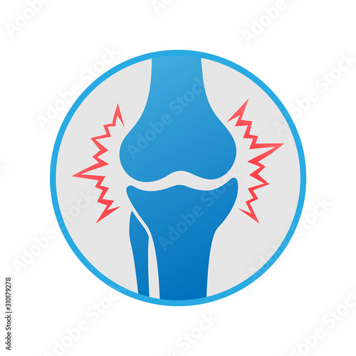 Knees pain. Knee joint inflammation in circle, logo design. Rheumatology and traumatology, vector design and illustration.