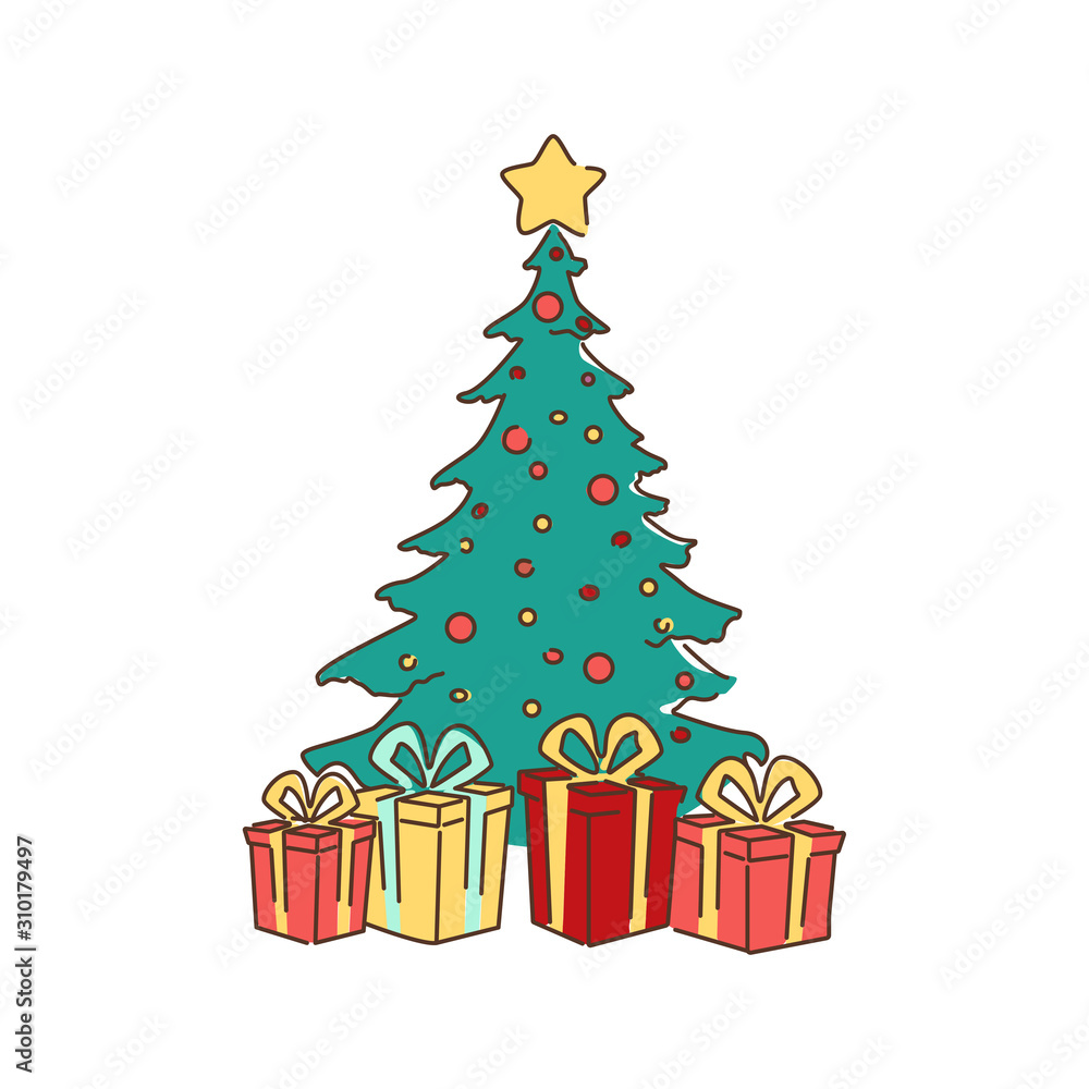 Decorated christmas tree with gift boxes, star, lights, decoration balls and lamps color line icon.Pictogram for web page, mobile app, promo. UI UX GUI design element. Editable stroke.