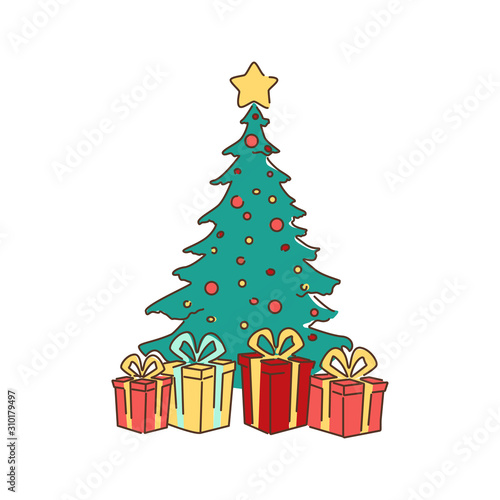 Decorated christmas tree with gift boxes  star  lights  decoration balls and lamps color line icon.Pictogram for web page  mobile app  promo. UI UX GUI design element. Editable stroke.