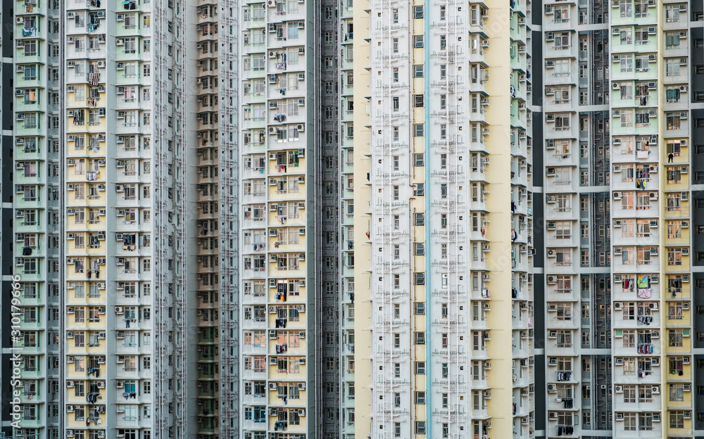 residential building facade, highrise building exterior, Hong Kong  -
