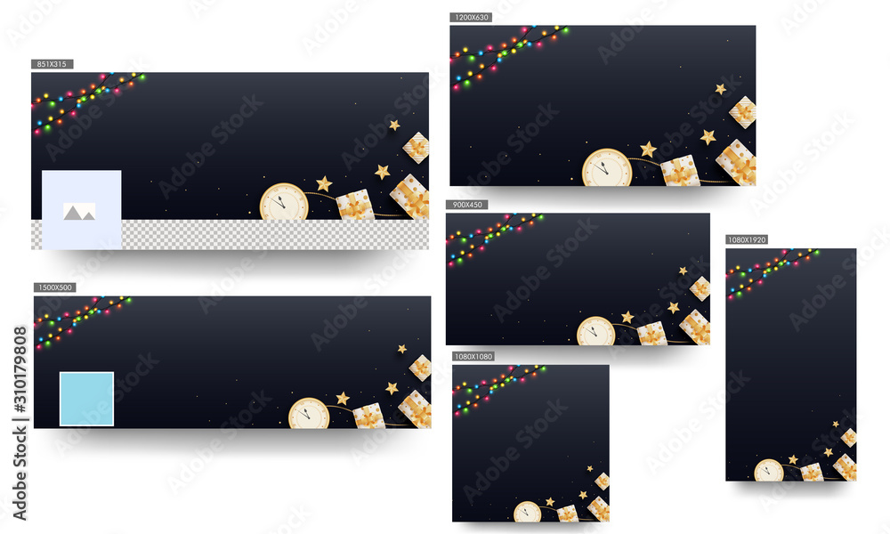 Top View of Wall Clock with Gift Boxes, Golden Stars and Colorful Lighting Garland Decorated on Black Background. Social Media Header, Poster and Template.