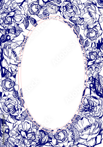 Hand drawn floral vertical oval frame with graphic roses flowers 