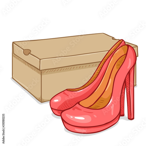 Vector Cartoon Pair of Pink Women Shoes with Shoebox